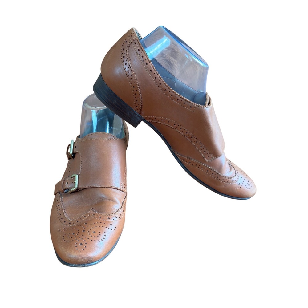J.Crew Womens Cognac Brown Leather Double Monk Strap Wingtip Brogue Shoes 10
